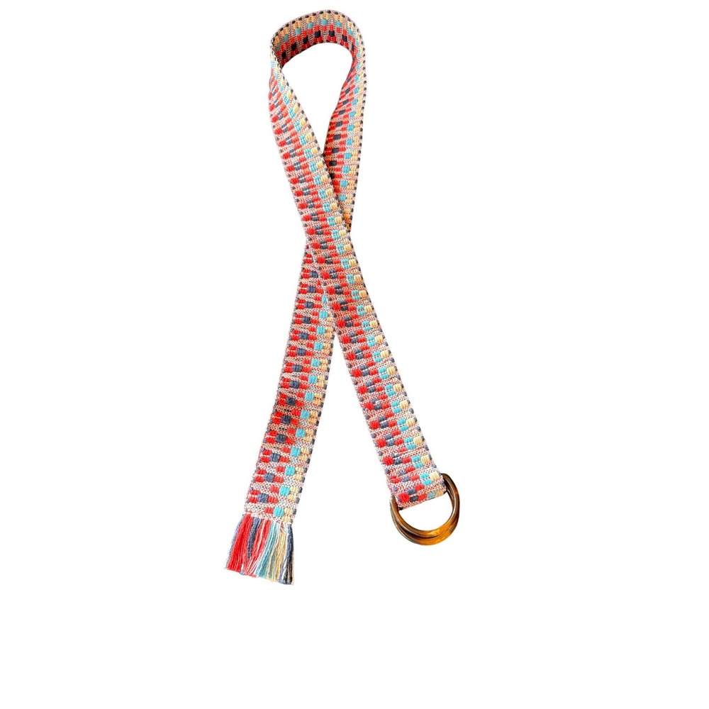 Molly Bracken Belt Multicolor Geometric Woven D-Ring Boho Fringed Accessory